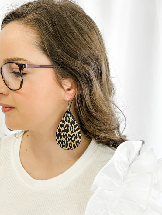 Wooden Leopard Tear Drop Earrings