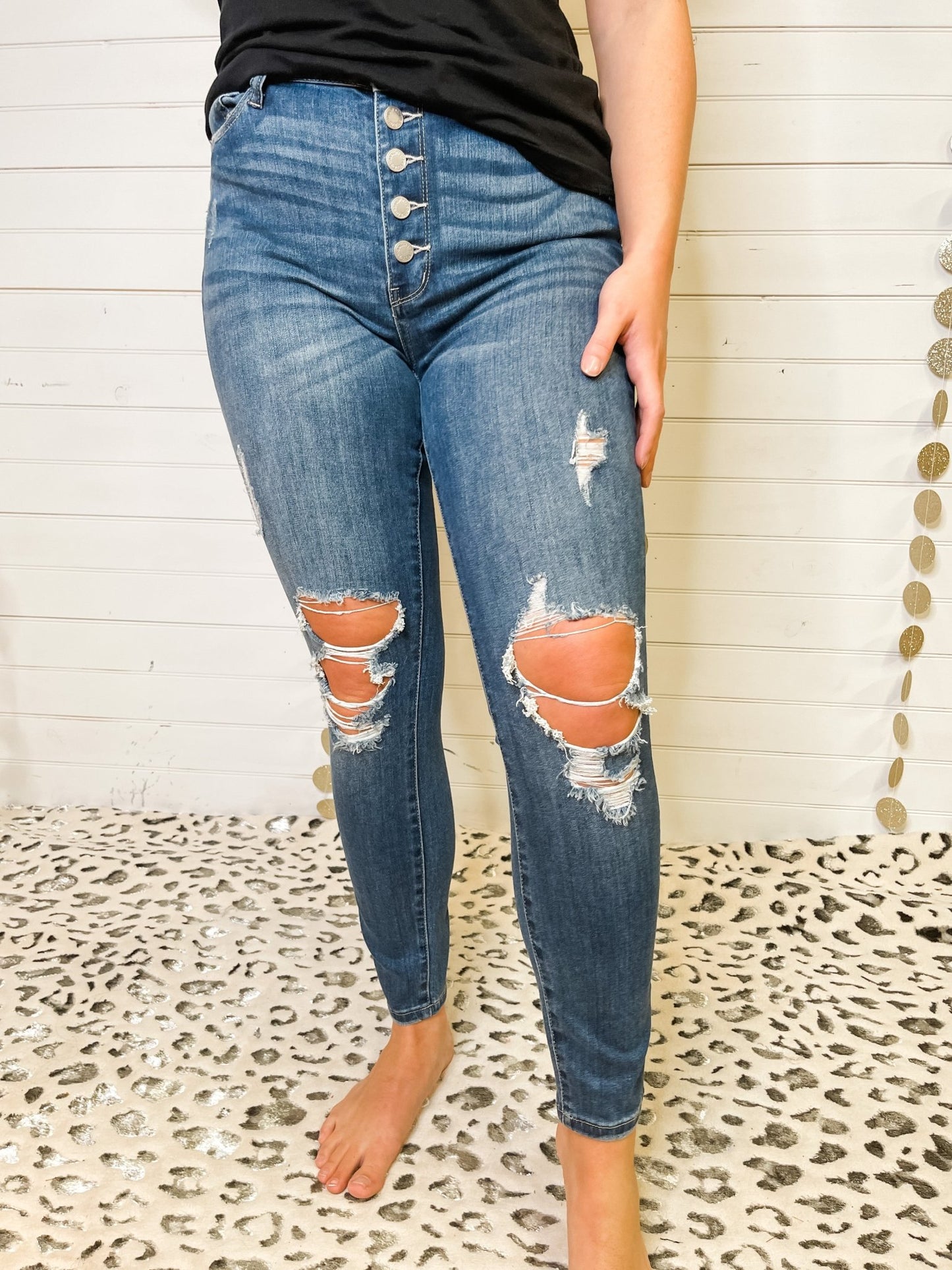Buttonfly Dark Distressed Cuffed Skinny Jean - The Southern Loft