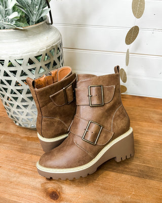 wedge heel booties with side buckles