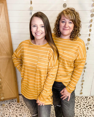 Striped long sleeve basic style top in mustard yellow
