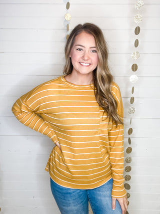 Striped long sleeve basic style top in mustard yellow